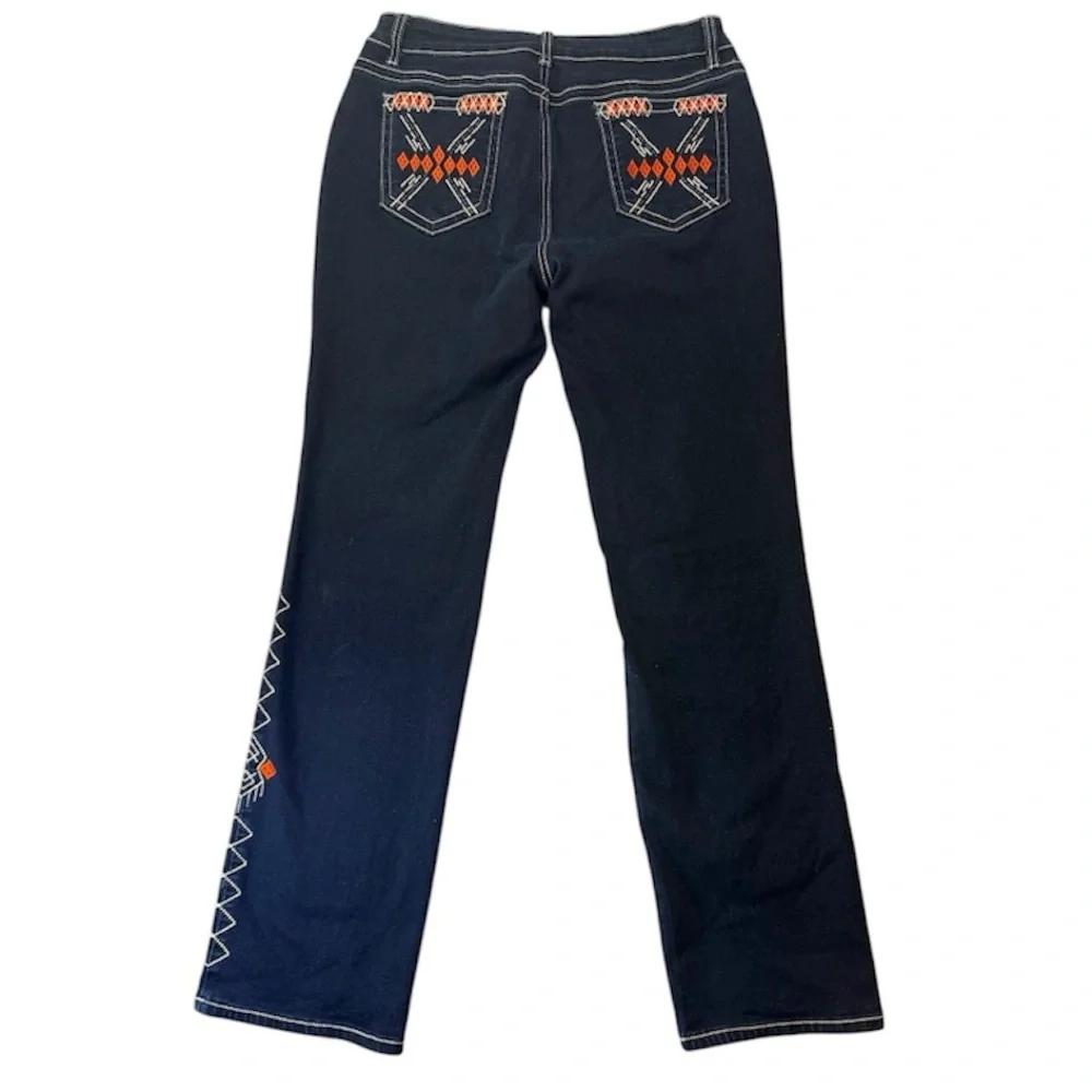 Flamingals Dark Blue Embroidered Bootcut Jeans L Western Stretch Denim